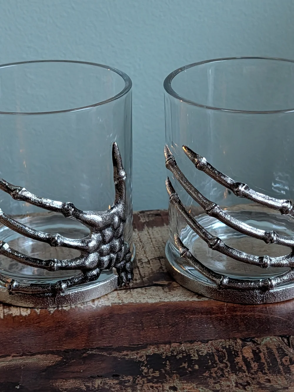 Pottery Barn Set of 2 Glass Tumblers with Silver Skeletal Hand Accent